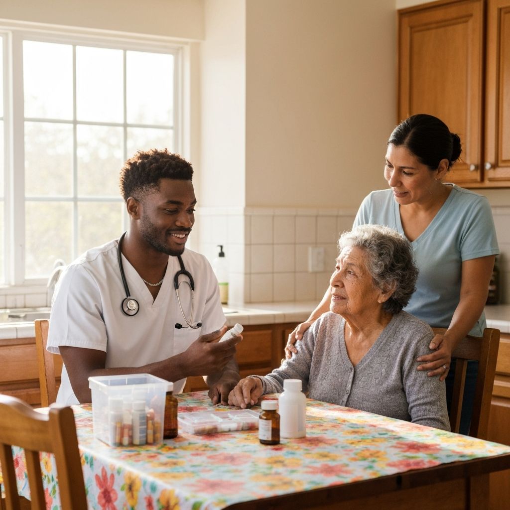 A nurse explaining medication to an elderly patient with her family present
